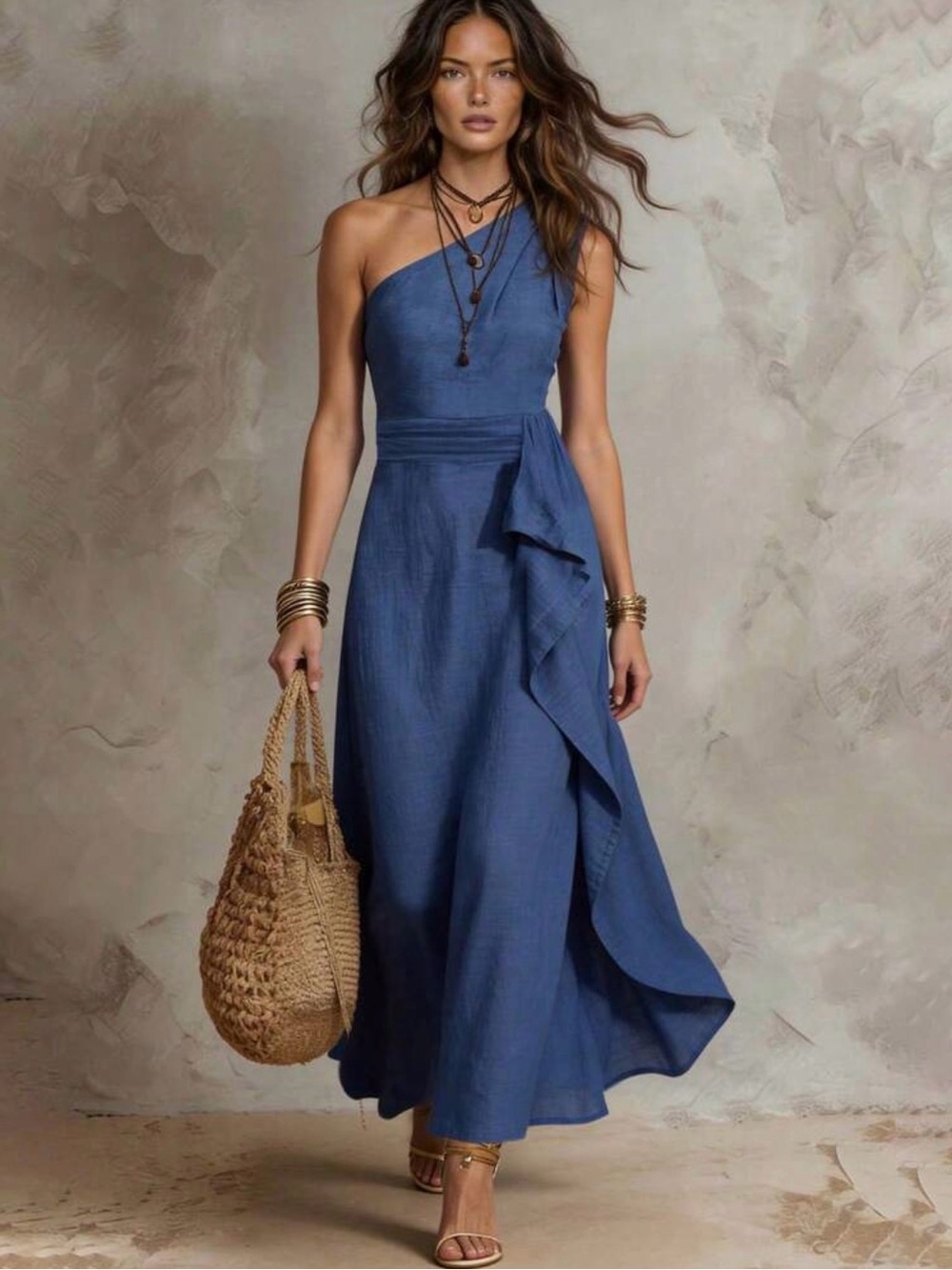 One-Shoulder Blue Maxi Dress with Side Ruffle